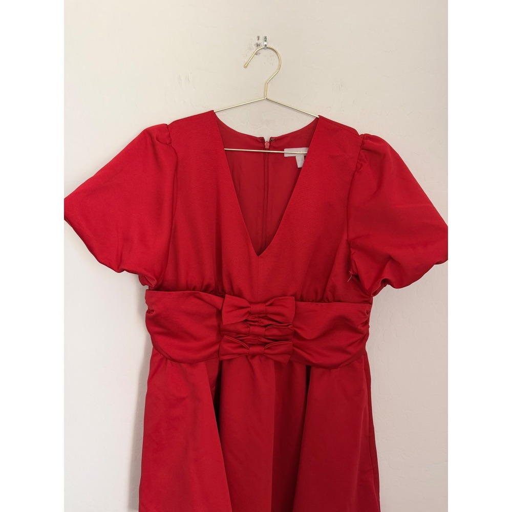 Chelsea28 Red V-Neck Puff Sleeve Bow Detail Fit and Flare Mini Dress Sz S NWOT